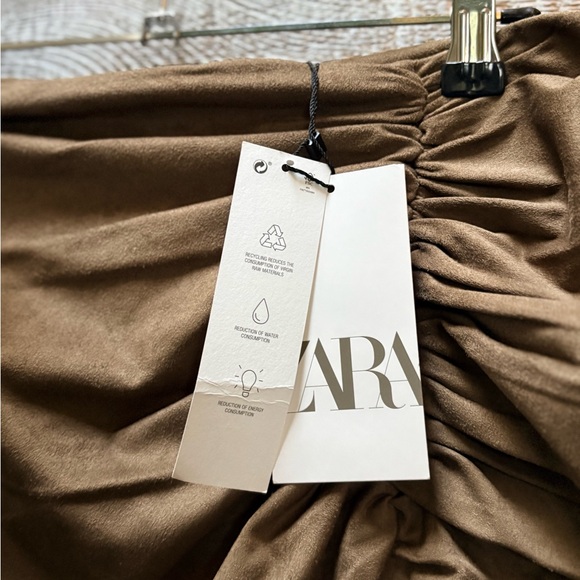 ZARA | NWT Ruched High-Low Faux Suede Long Skirt - Women's L, Tan - Picture 7 of 10